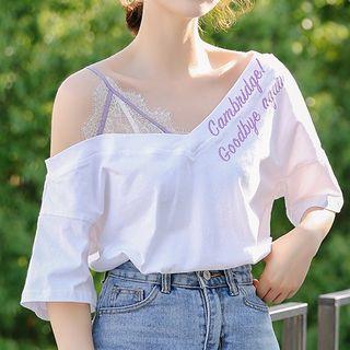 V-neck Letter Embroidered Elbow-sleeve T-shirt