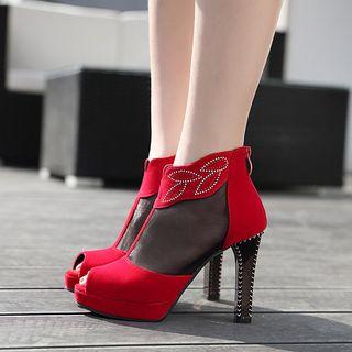 Peep Toe Mesh Panel High Heel Pumps