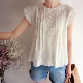 Embroidered Pintuck-detail Button-back Blouse