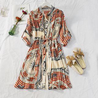 Print Long-sleeve Midi Shirt Dress As Shown In Figure - One Size