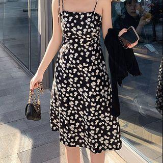 Spaghetti Strap Floral Print A-line Midi Dress / Plain Cardigan