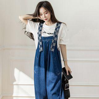 Plaid Panel Denim Jumper Pants