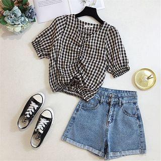 Set: Short-sleeve Gingham Cropped Blouse + High-waist Denim Shorts