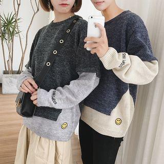 Smiley Face Embroidered Color Panel Sweater