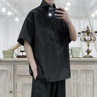 Elbow-sleeve Half-zip Mock-neck Top
