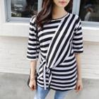 Elbow-sleeve Knot-front Stripe T-shirt