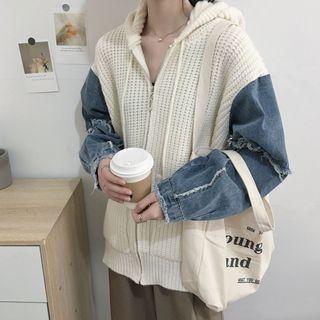 Denim Panel Hooded Cardigan