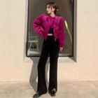 Long-sleeve Ribbon Velvet Plain Cardigan / Slit Pants