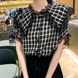 Lace Trim Collared Short-sleeve Top