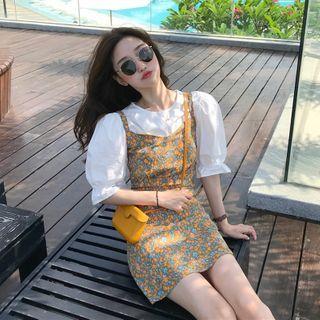 Puff-sleeve Top / Spaghetti Strap Floral Print Mini Sheath Dress