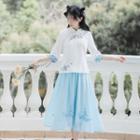 Set: 3/4-sleeve Floral Embroidered Qipao Top + Midi A-line Skirt