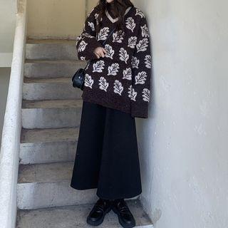 Leaf Pattern Sweater / Midi A-line Skirt