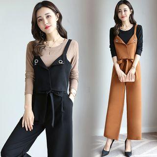 Set Of 3: Long-sleeve Top + Sleeveless Cropped Top + Wide-leg Pants