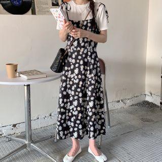 Spaghetti-strap Floral Print Midi A-line Dress Daisy - Black - One Size