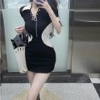 Short-sleeve Collar Lace Up Mini Sheath Dress Black - One Size