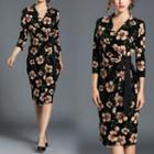 Gathered-waist 3/4 Sleeved Floral Print V-neck Slim Long Dress
