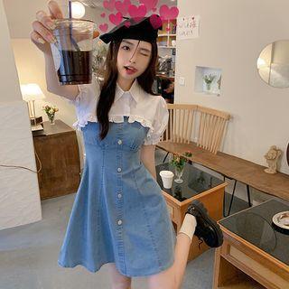 Plain Cropped Blouse With Denim A-line Dress