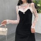 Lace Long-sleeve Top / Velvet Spaghetti Strap A-line Dress