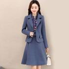 Set: Notch Lapel Open Front Jacket + Flower Print Long-sleeve A-line Dress