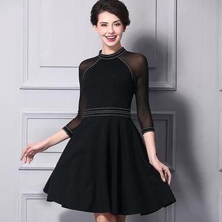 Chiffon Panel Elbow Sleeve Knit Dress