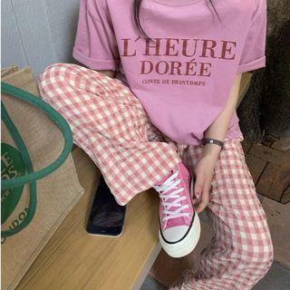 Lettering T-shirt / Gingham Loose Fit Pants
