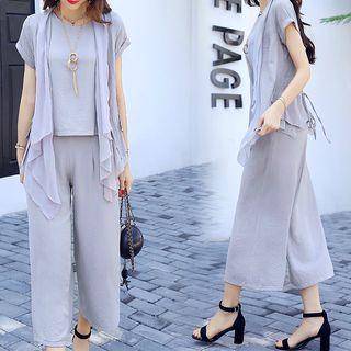 Set: Short-sleeve Top + Tank Top + Wide Leg Pants