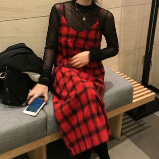 Plaid Midi Strappy Dress Plaid - Red - One Size