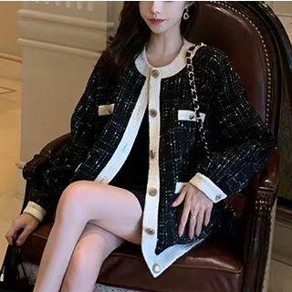 Contrast Trim Tweed Buttoned Jacket