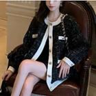 Contrast Trim Tweed Buttoned Jacket