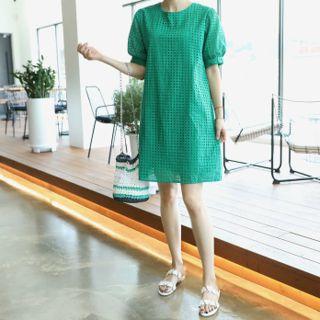 Puff-sleeve Punched Shift Dress