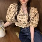 Puff-sleeve Peter Pan Collar Floral Cropped Blouse Almond - One Size