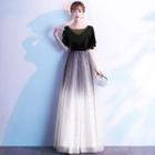 Short-sleeve Embellished Gradient A-line Evening Gown