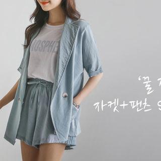 Set: Cuff-sleeve Blazer + Drawstring-waist Shorts