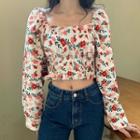 Square-neck Cropped Puff-sleeve Floral Shirt