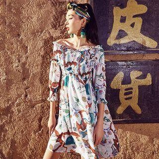 Off-shoulder Printed Elbow-sleeve Dress