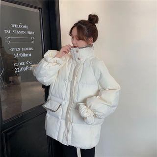 Contrast Trim Stand Collar Button Padded Jacket Off-white - One Size