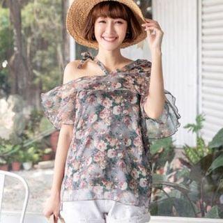 One Shoulder Floral Sheer Top