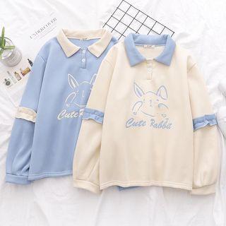 Long-sleeve Frill Trim Printed Polo Shirt
