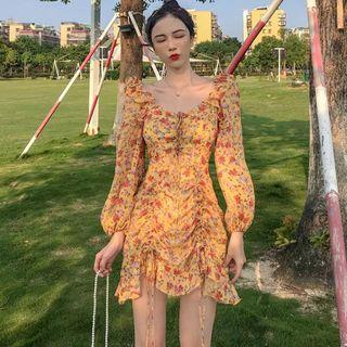 Long-sleeve Floral Print Drawstring Chiffon Dress