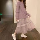 Back Slit Pullover / Floral Midi A-line Skirt
