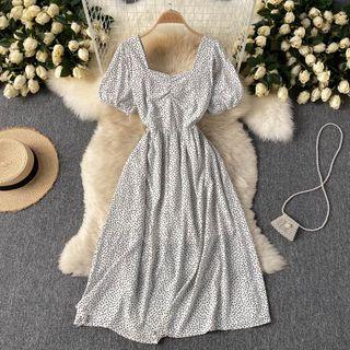 Square-neck Puff-sleeve Dots Dress