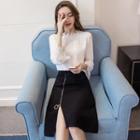 Set: Lace Long-sleeve Blouse + Slit Skirt