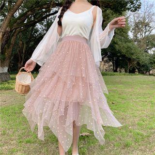 Semi Skirt High-waist Galaxy Mesh Skirt Medium Long Asymmetrical Skirt