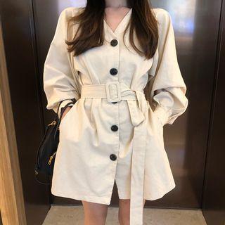 Puff-sleeve Single-breasted Mini Coat Dress Khaki - One Size