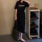 Short-sleeve Lettering Drawstring Midi T-shirt Dress