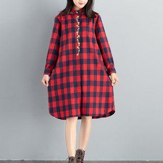 Plaid Floral Embroidered Shirtdress
