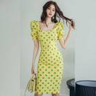 Puff-sleeve Square Neck Dotted Sheath Dress
