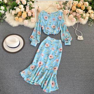 Set: Flower Print Blouse + Ruffle Hem Pencil Skirt