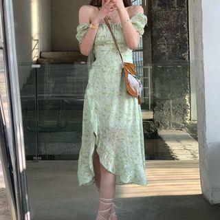 Puff-sleeve Square-neck Ruched Irregular Floral Chiffon Dress