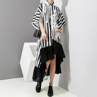 Striped Elbow-sleeve Midi Shirt Dress Black - One Size